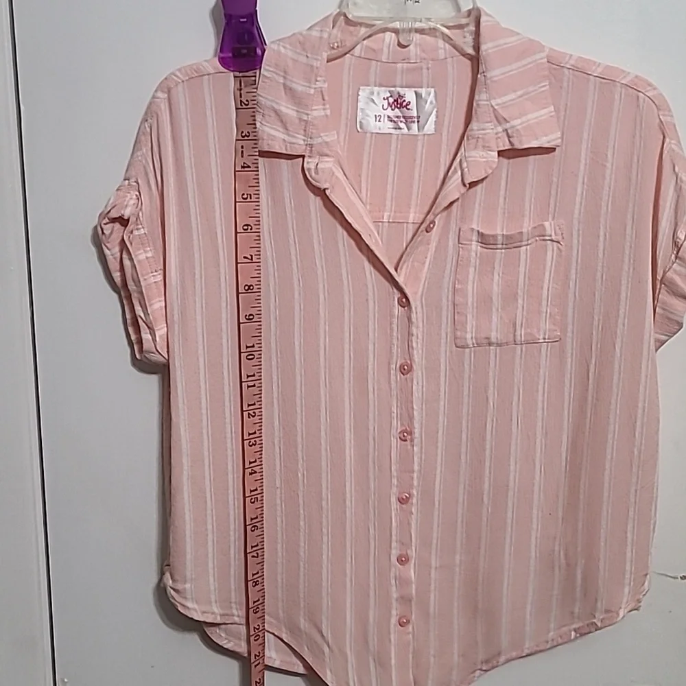 JUSTICE Girls Pink White‎ Striped Button Up Tie at Waist Blouse - Size 12